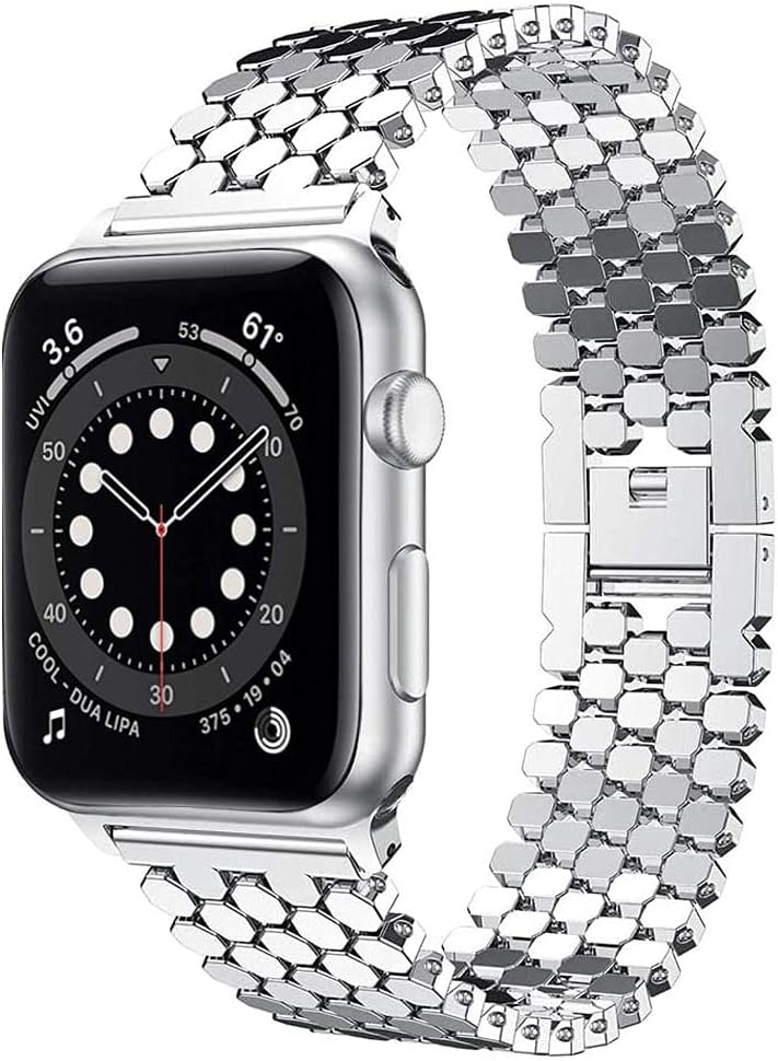 Dluxe Ave. Metal Band for Apple Watch Band 38mm 40mm 41mm 42mm 44mm 45mm 49mm Fish-scale Pattern Stainless Steel Link Bracelet Strap for Apple Watch Series 8 Ultra 7 6 SE 5 4 3 2 1 Silver 42MM 44MM 45MM 49MM