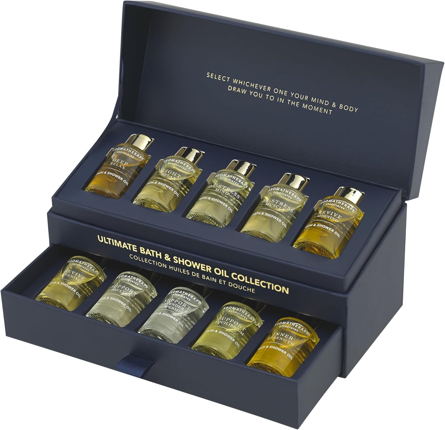 Dluxe Ave. Aromatherapy Associates Ultimate Wellbeing Bath and Shower Oils Premium Natural Body Oil Collection in a Decorative Gift Box 10 Hydrating Body Oils 0.3 Oz Each
