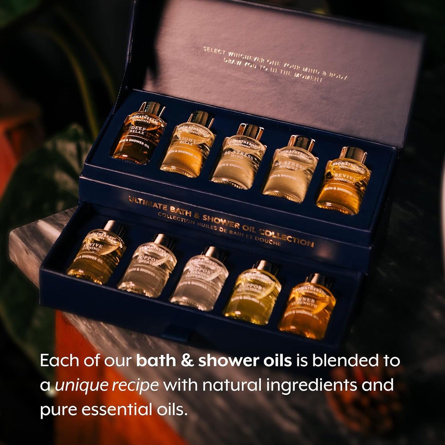 Dluxe Ave. Aromatherapy Associates Ultimate Wellbeing Bath and Shower Oils Premium Natural Body Oil Collection in a Decorative Gift Box 10 Hydrating Body Oils 0.3 Oz Each