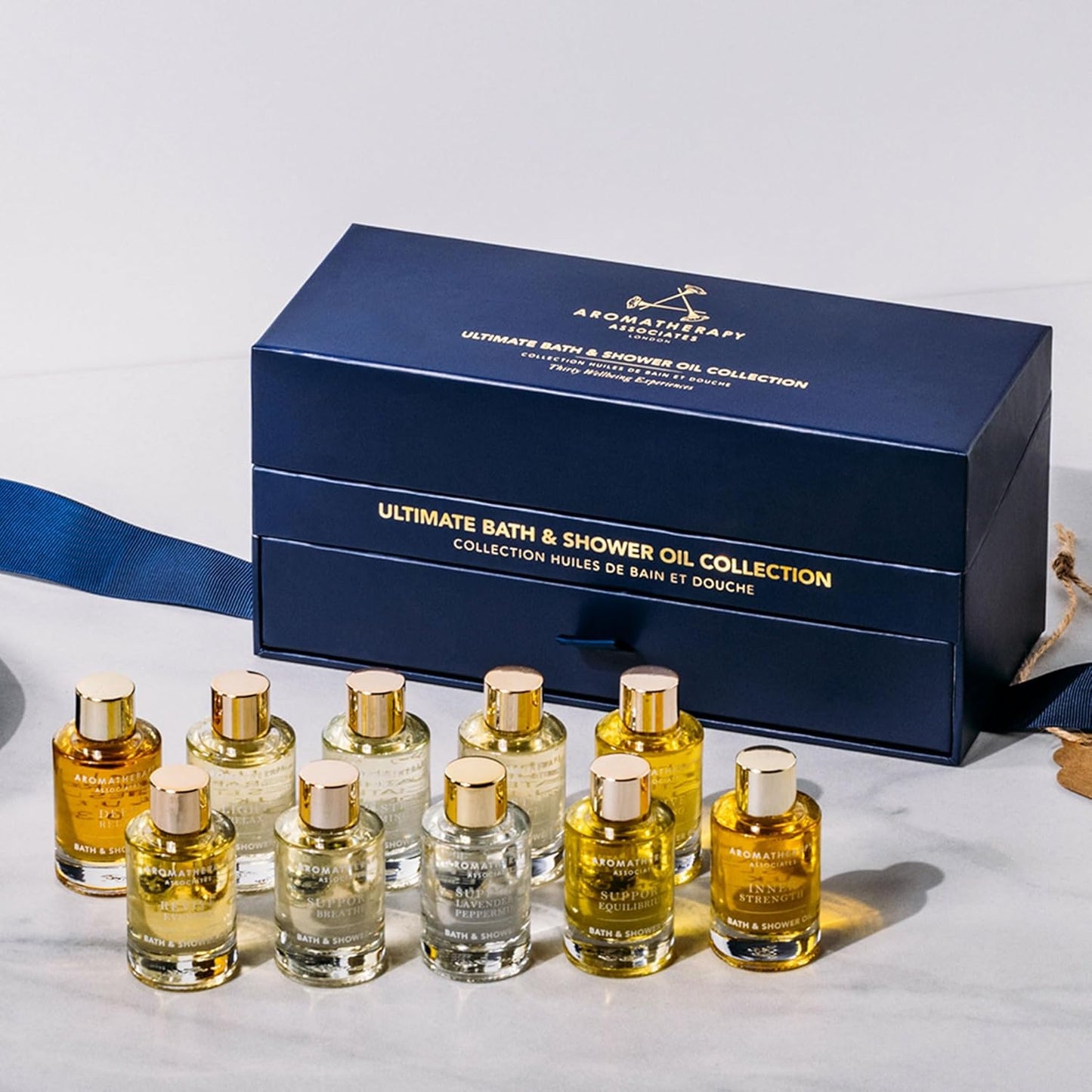 Dluxe Ave. Aromatherapy Associates Ultimate Wellbeing Bath and Shower Oils Premium Natural Body Oil Collection in a Decorative Gift Box 10 Hydrating Body Oils 0.3 Oz Each