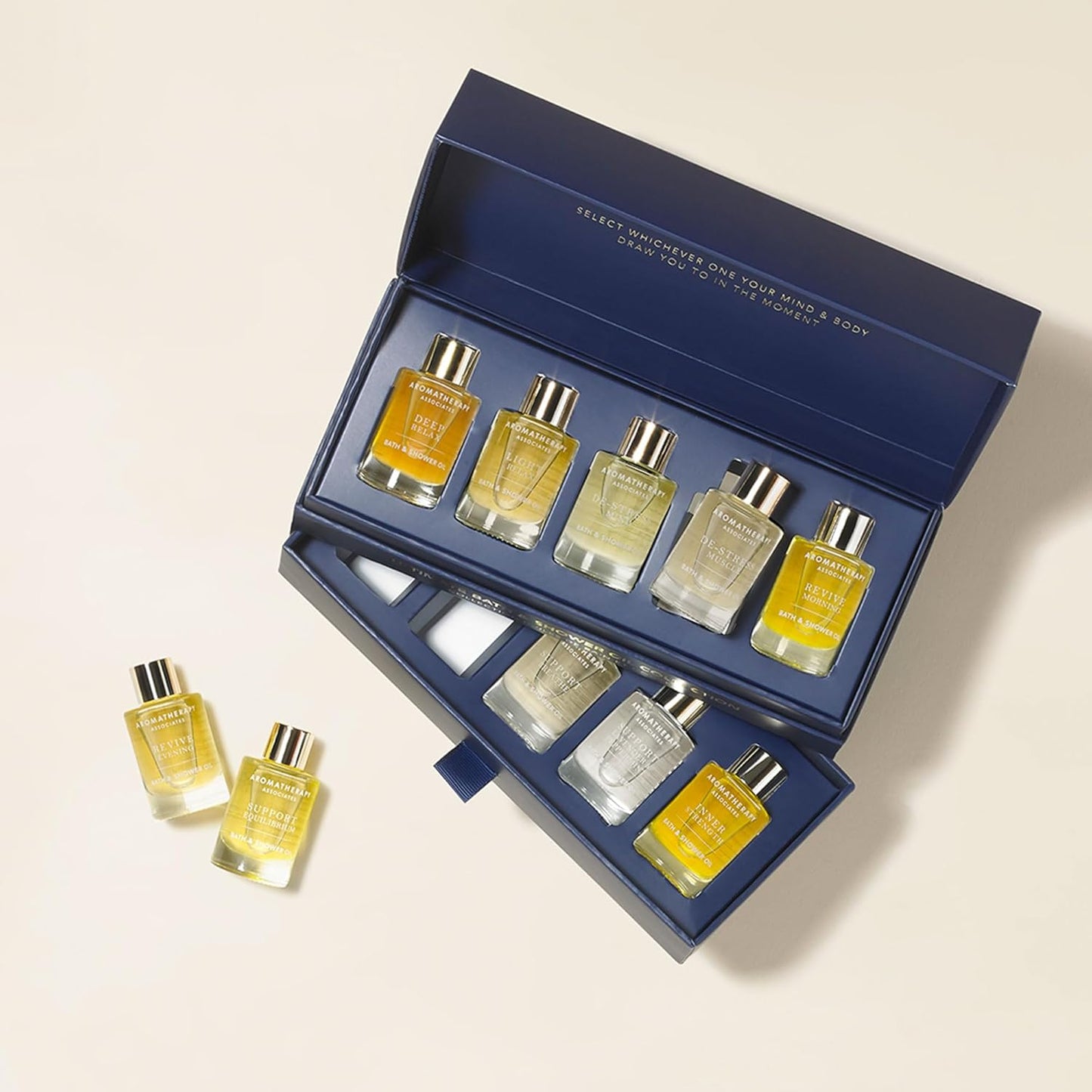 Dluxe Ave. Aromatherapy Associates Ultimate Wellbeing Bath and Shower Oils Premium Natural Body Oil Collection in a Decorative Gift Box 10 Hydrating Body Oils 0.3 Oz Each