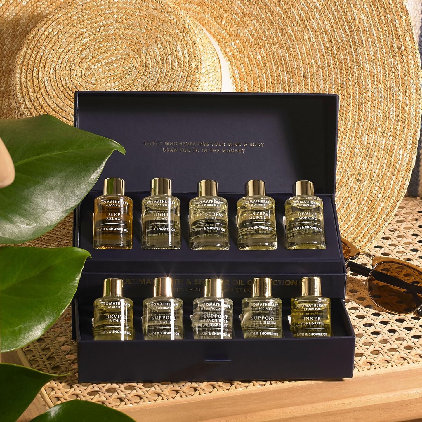 Dluxe Ave. Aromatherapy Associates Ultimate Wellbeing Bath and Shower Oils Premium Natural Body Oil Collection in a Decorative Gift Box 10 Hydrating Body Oils 0.3 Oz Each