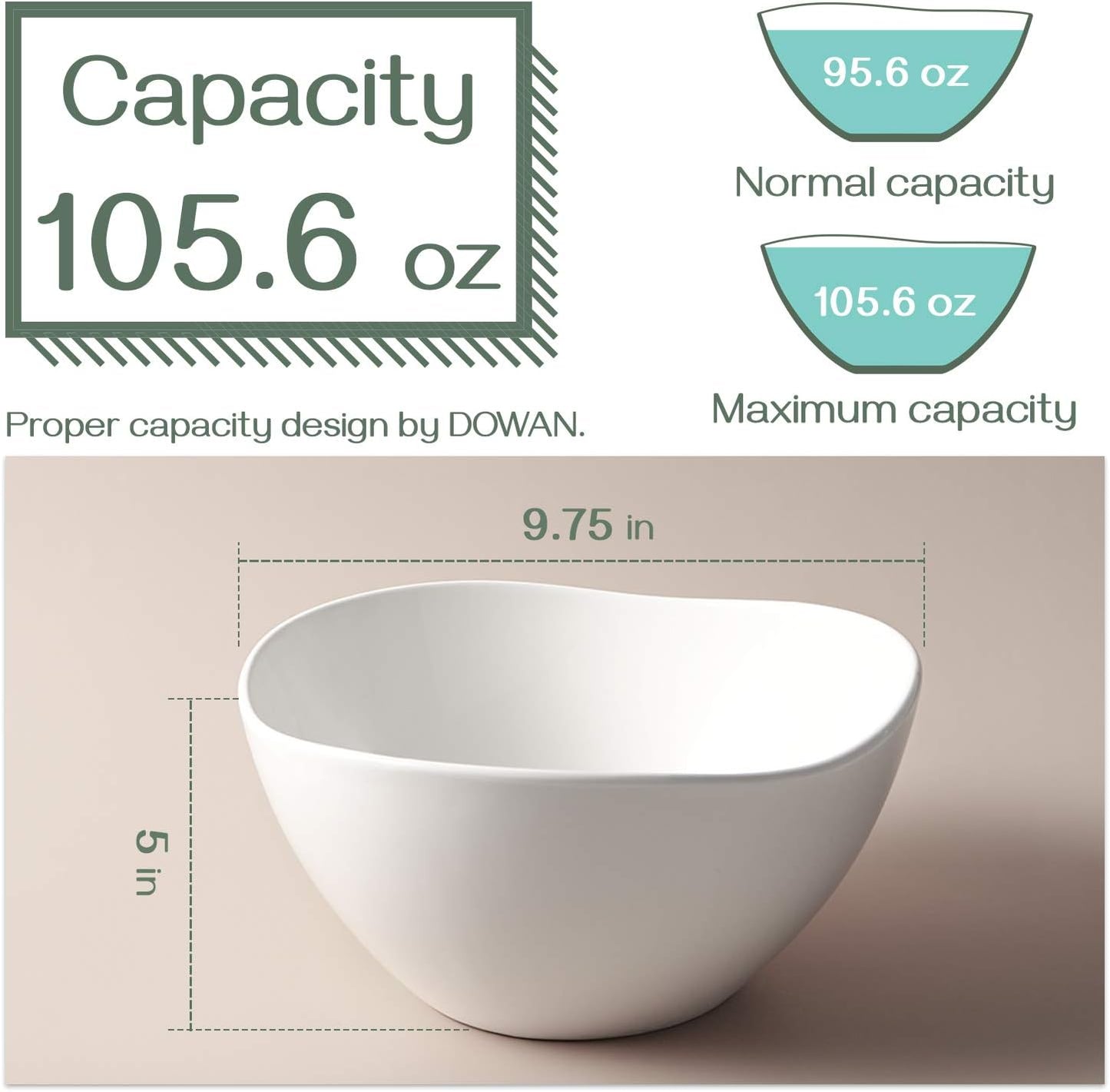 Dluxe Ave. Large Mixing Ceramic Serving Bowls /3.2 Quart Deep 105 Oz Set of 2 / White