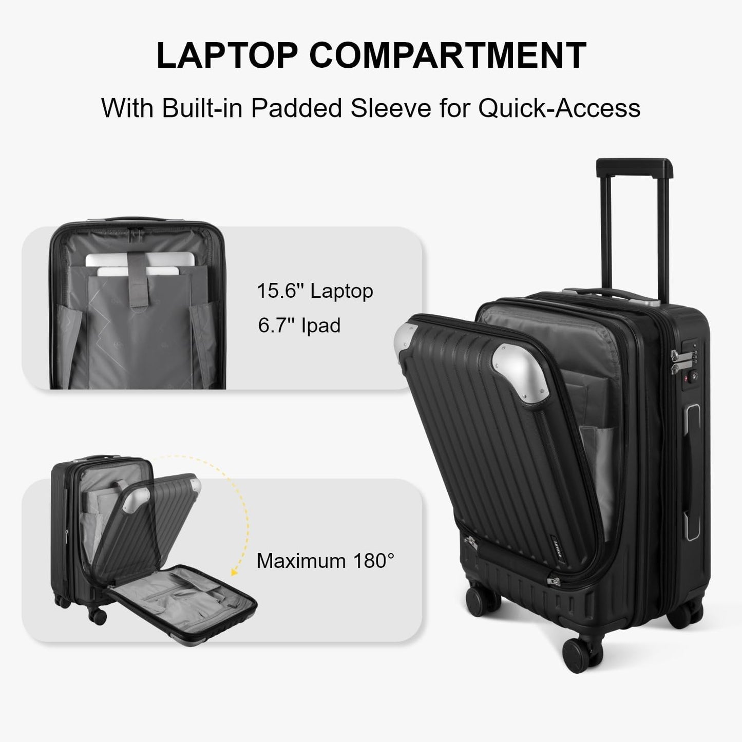 Dluxe Ave. Hardside Carry On Luggage with Front Compartment 20 Inch/ Expandable/ Spinning Wheels/ Lightweight/ TSA Lock/ (Black) 20-Inch