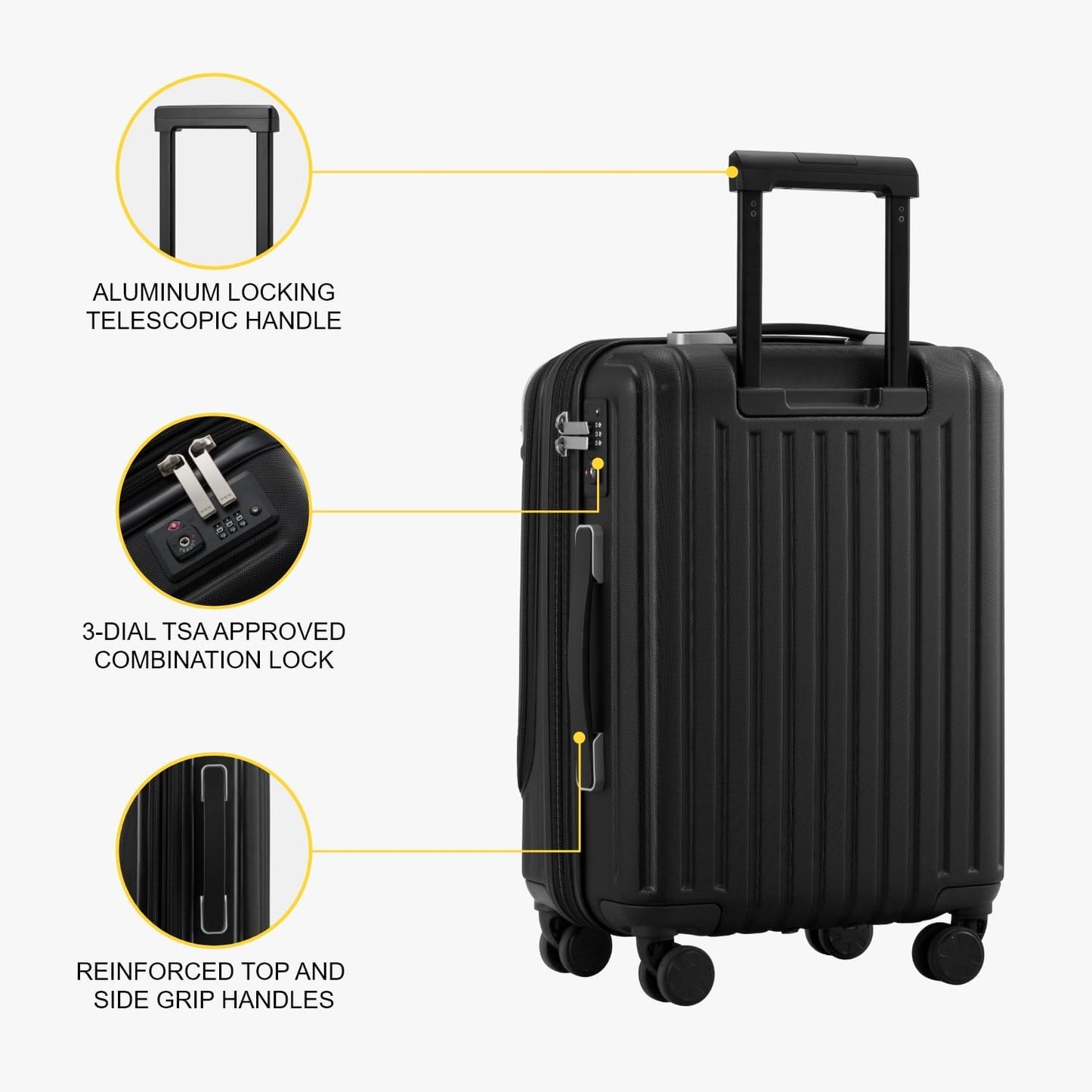 Dluxe Ave. Hardside Carry On Luggage with Front Compartment 20 Inch/ Expandable/ Spinning Wheels/ Lightweight/ TSA Lock/ (Black) 20-Inch