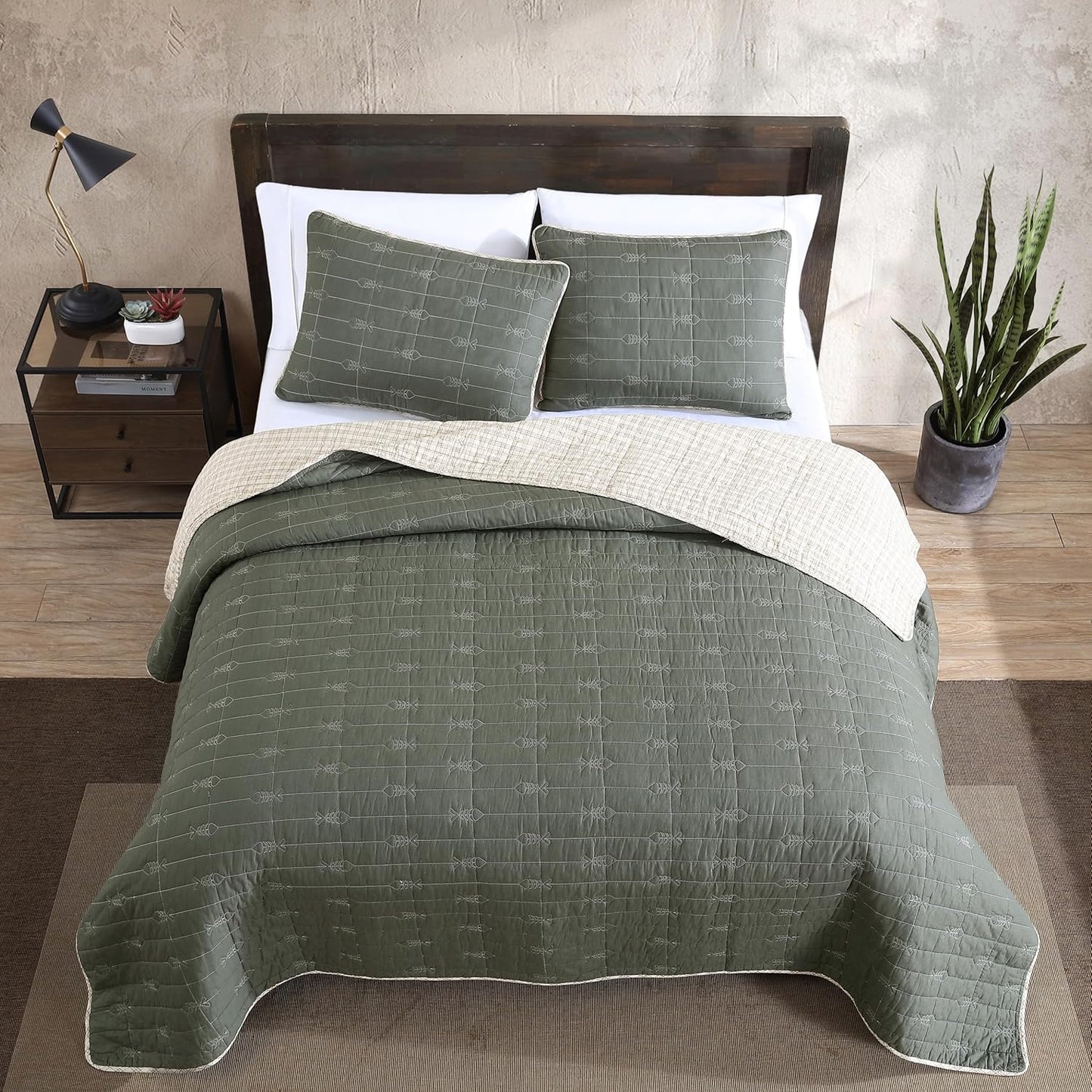 Dluxe Ave. ( QUEEN ) 3 Pcs Quilt Set/ Reversible Cotton Bedding with Matching Shams/ for All Seasons/ Troutdale Green