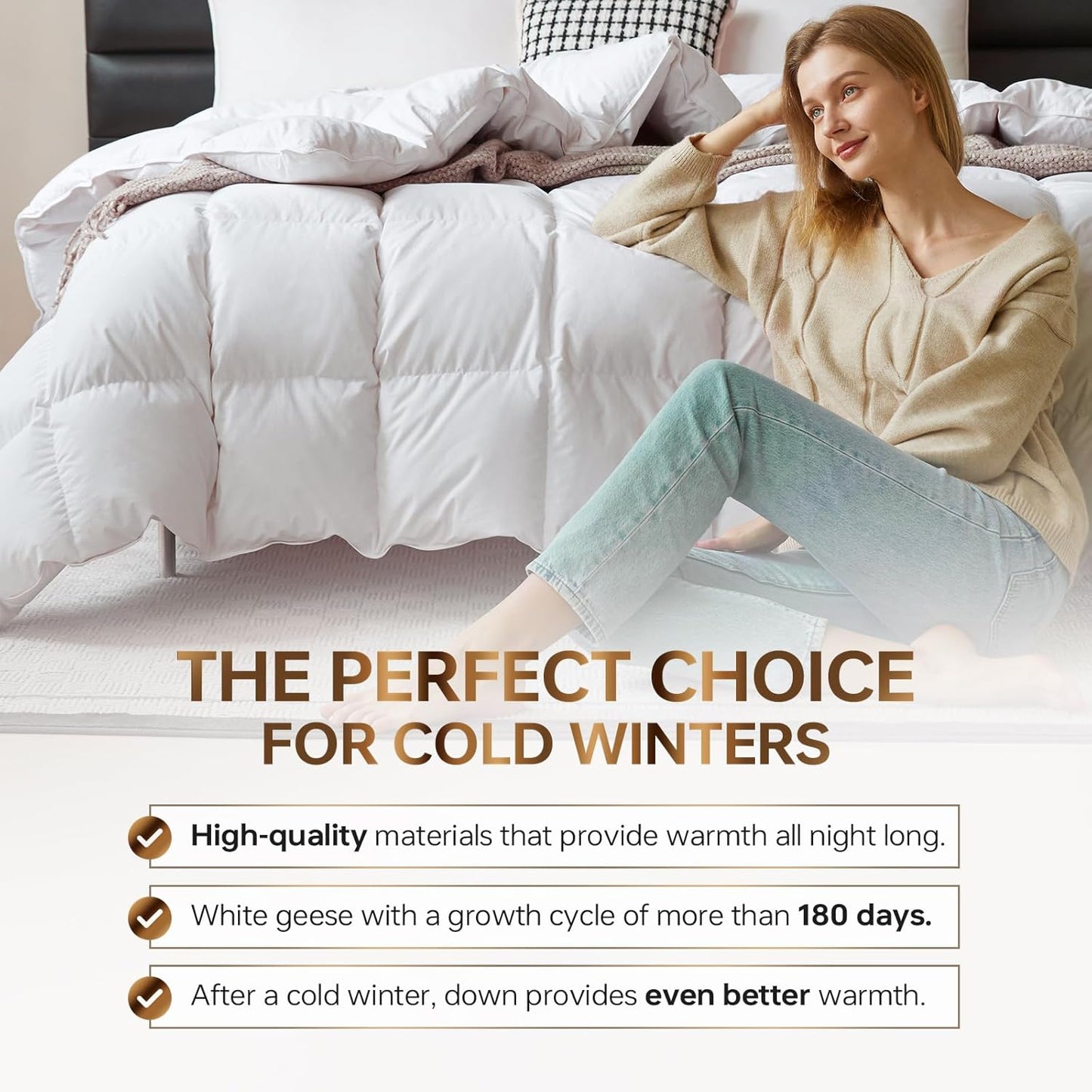 Dluxe Ave. ( CALI./ KING ) Goose Down Comforter Oversized/ 100% Cotton Shell Quilt Ideal for Ideal for Summer & Winter750/ Fill Power 80oz Fill Weight/  White