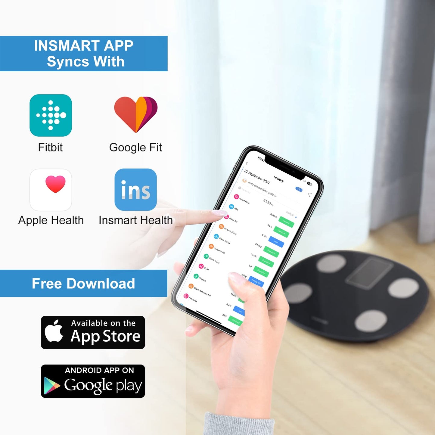 Dluxe Ave. INSMART Smart Scale for Body Weight All-in-one LCD Display Bathroom Weight Scales Body Fat ScaleBluetooth Digital Smart Weighing Scale with Heart RateHeart Index & Body Composition Analyzer396 lbs