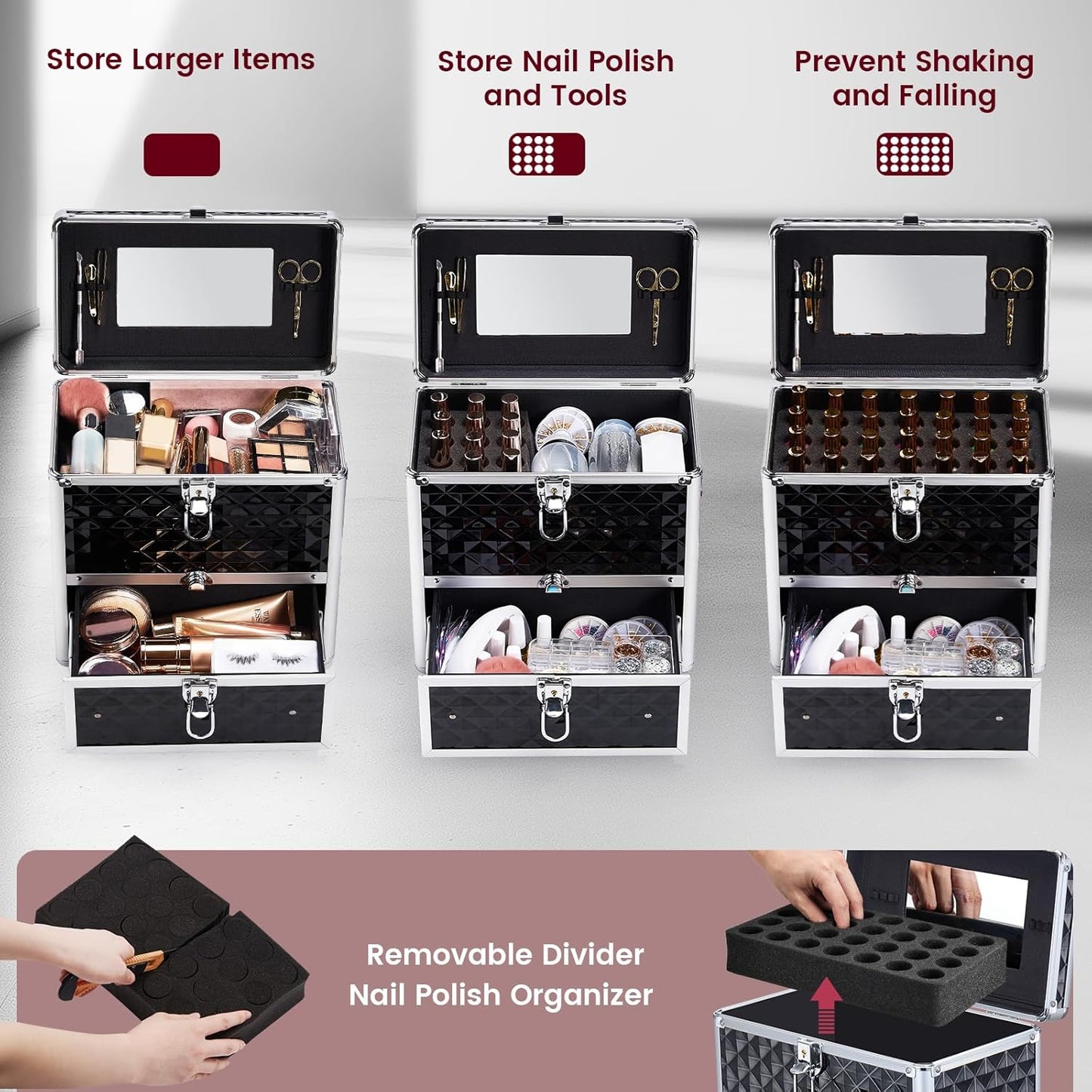 Dluxe Ave. Frenessa Nail Polish Makeup Train Case with Drawer and Dividers  Accessory Storage Makeup Box With Mirror Lockable Keys  - Black
