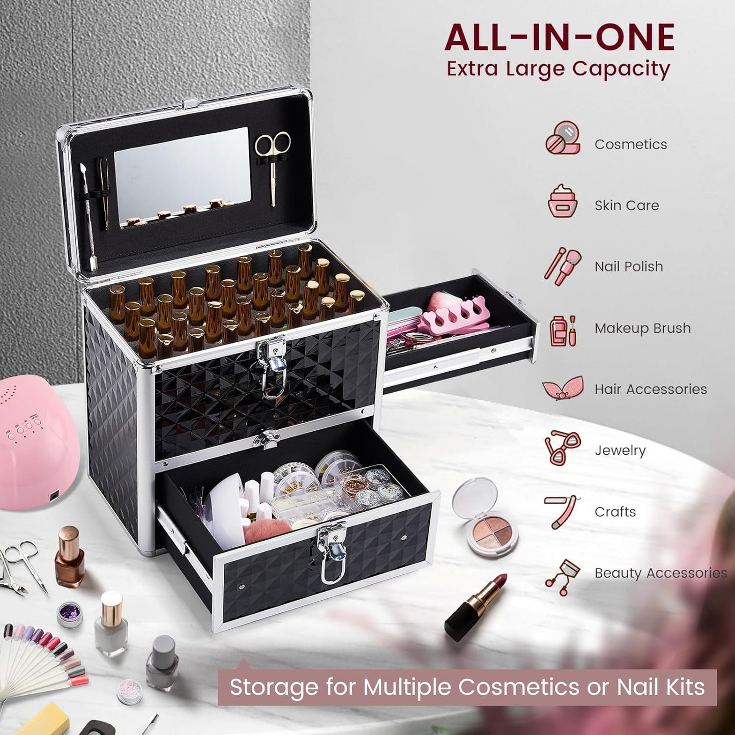 Dluxe Ave. Frenessa Nail Polish Makeup Train Case with Drawer and Dividers  Accessory Storage Makeup Box With Mirror Lockable Keys  - Black