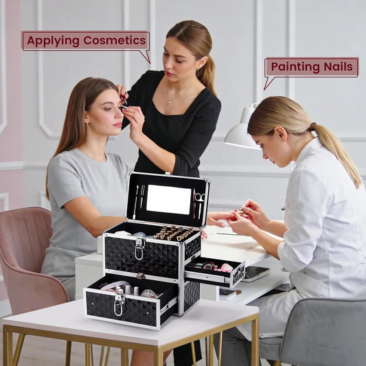 Dluxe Ave. Frenessa Nail Polish Makeup Train Case with Drawer and Dividers  Accessory Storage Makeup Box With Mirror Lockable Keys  - Black