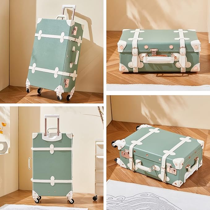 Dluxe Ave. 2 Piece Vintage Suitcase Set 26" with 12" Train Case/ Hardside/ Faux Leather/ Spinner Wheels/TSA Lock/ (Matcha Green)