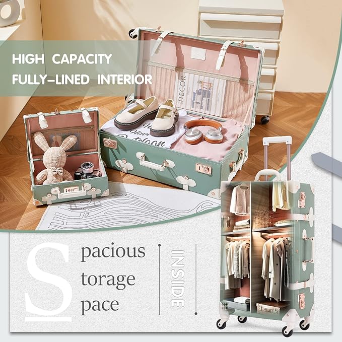 Dluxe Ave. 2 Piece Vintage Suitcase Set 26" with 12" Train Case/ Hardside/ Faux Leather/ Spinner Wheels/TSA Lock/ (Matcha Green)