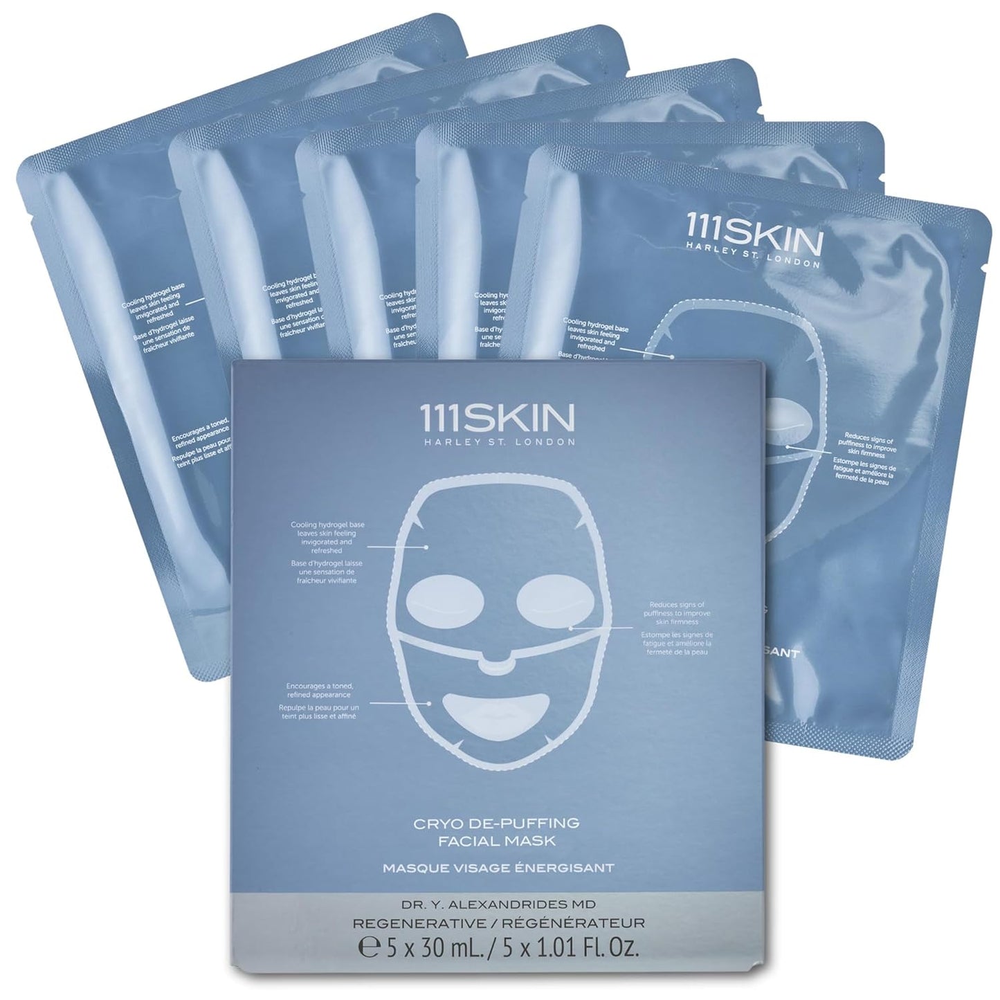 Dluxe Ave. 111SKIN Sub-Zero De-Puffing Energy Facial Mask | Fragrance Free | Tighten De-Puff & Refresh | Peptides & Caffeine | Set of 5 (1 oz each)