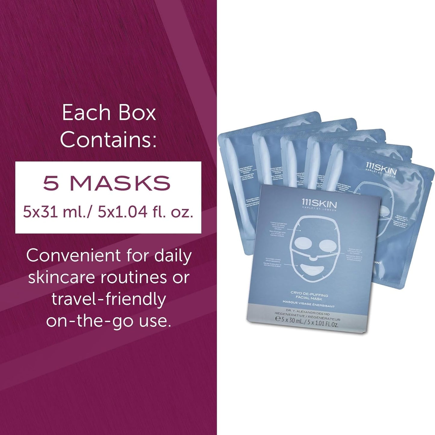 Dluxe Ave. 111SKIN Sub-Zero De-Puffing Energy Facial Mask | Fragrance Free | Tighten De-Puff & Refresh | Peptides & Caffeine | Set of 5 (1 oz each)