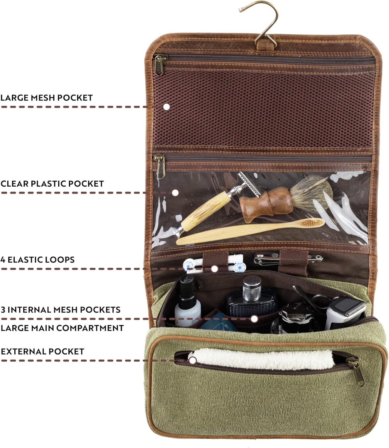 Dluxe Ave. Hanging Toiletry Bag for Men & Women/ Leather/ Brown