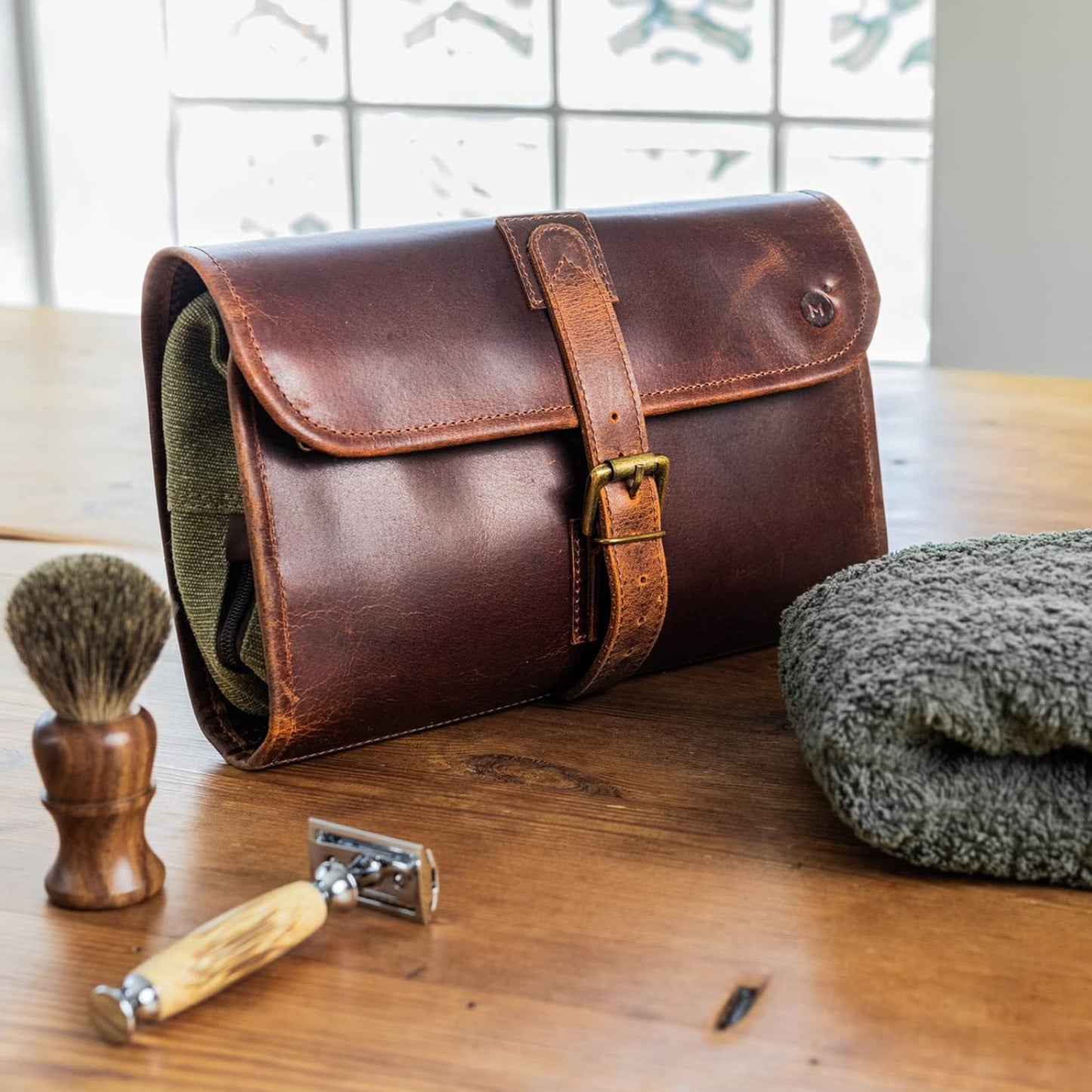 Dluxe Ave. Hanging Toiletry Bag for Men & Women/ Leather/ Brown