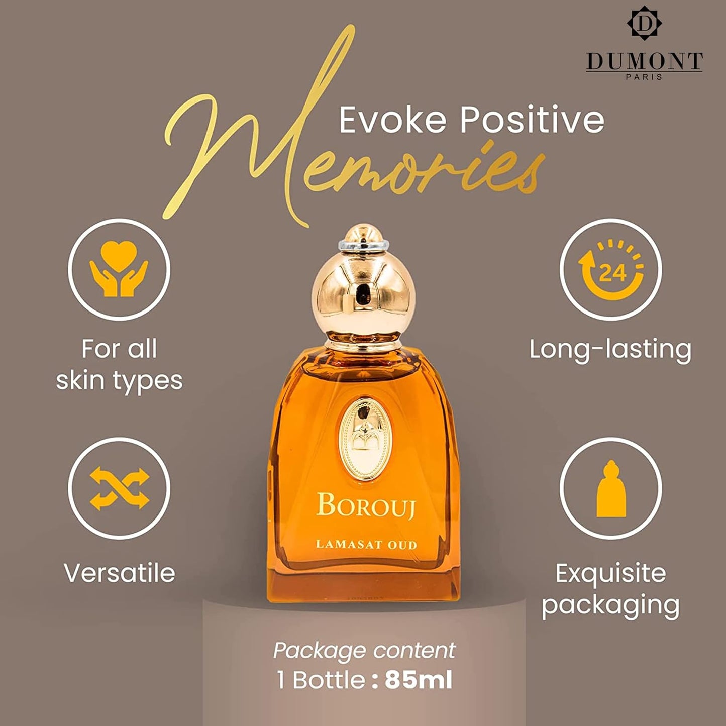 Dluxe Ave. Dumont BOROUJ LAMASAT OUD - 85ml Travel Size - Arabic Inspired Unisex Perfume for Men & Women - Musky Woody & Oriental Fragrance - Long Lasting Cologne Mist & Body Spray - for Him & Her