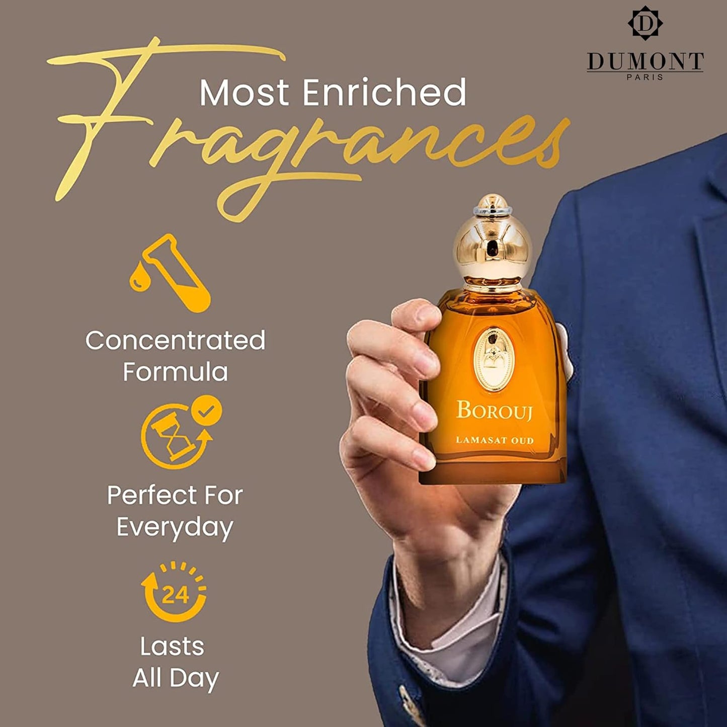 Dluxe Ave. Dumont BOROUJ LAMASAT OUD - 85ml Travel Size - Arabic Inspired Unisex Perfume for Men & Women - Musky Woody & Oriental Fragrance - Long Lasting Cologne Mist & Body Spray - for Him & Her