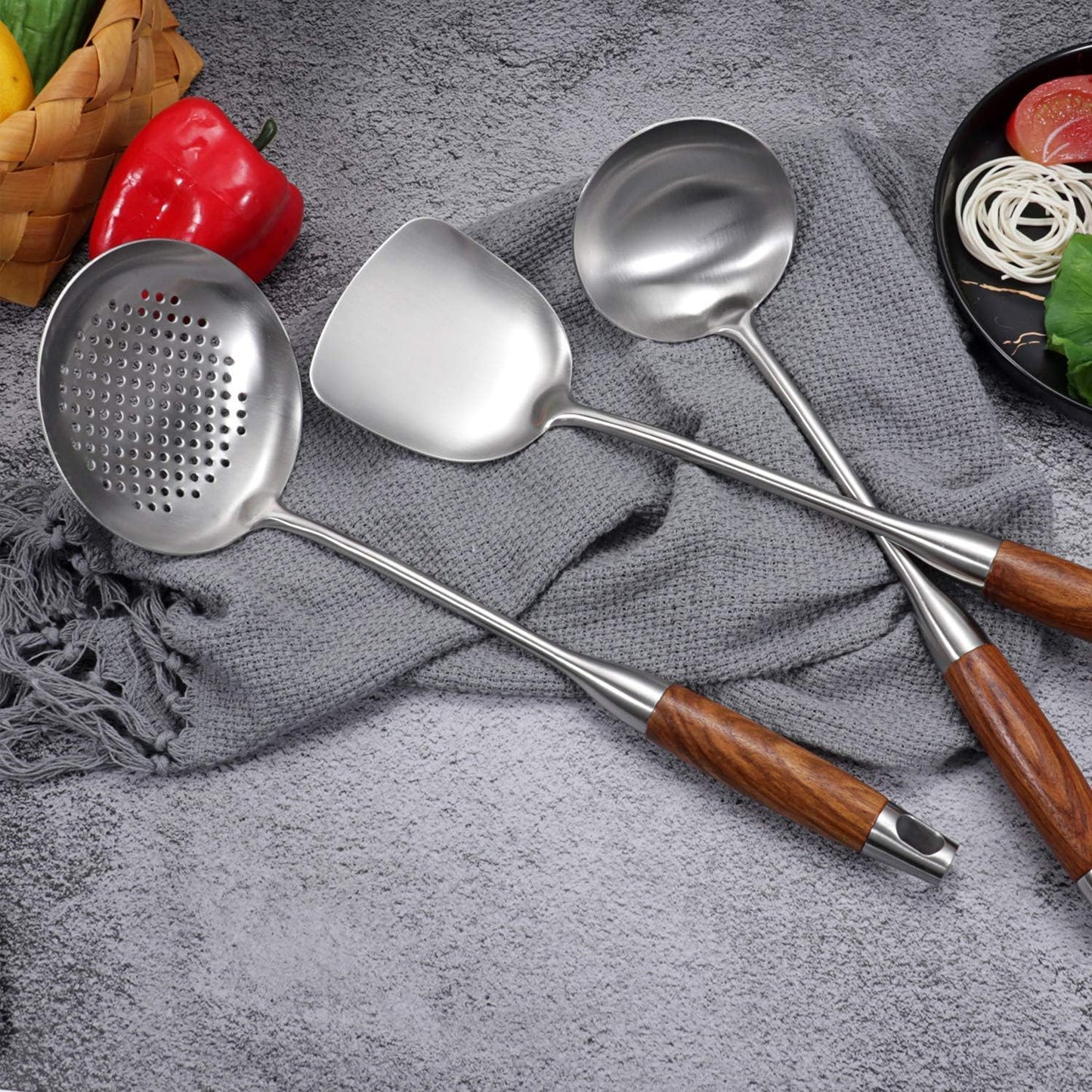 Dluxe Ave.  5 Piece Set Wooden Utensils / Stainless Steel