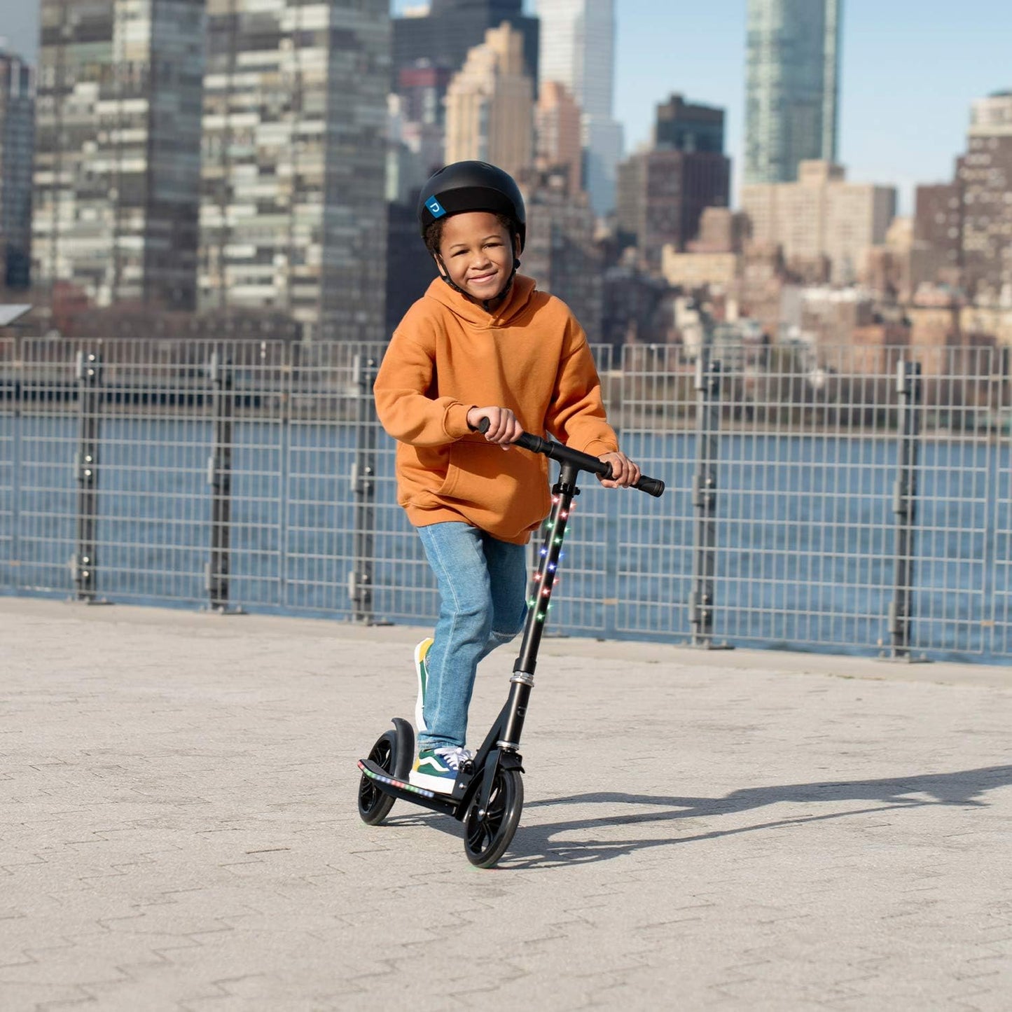 Dluxe Ave. Jetson Scooters - Jupiter Jumbo Kick Scooter (Black) - Collapsible Portable Kids Push Scooter - Lightweight Folding Design with Big Wheels and High Visibility RGB Light Up LEDs on Stem and Deck
