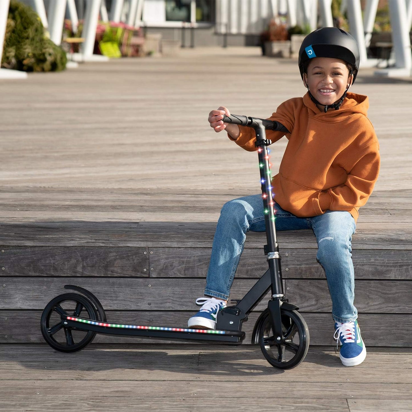 Dluxe Ave. Jetson Scooters - Jupiter Jumbo Kick Scooter (Black) - Collapsible Portable Kids Push Scooter - Lightweight Folding Design with Big Wheels and High Visibility RGB Light Up LEDs on Stem and Deck