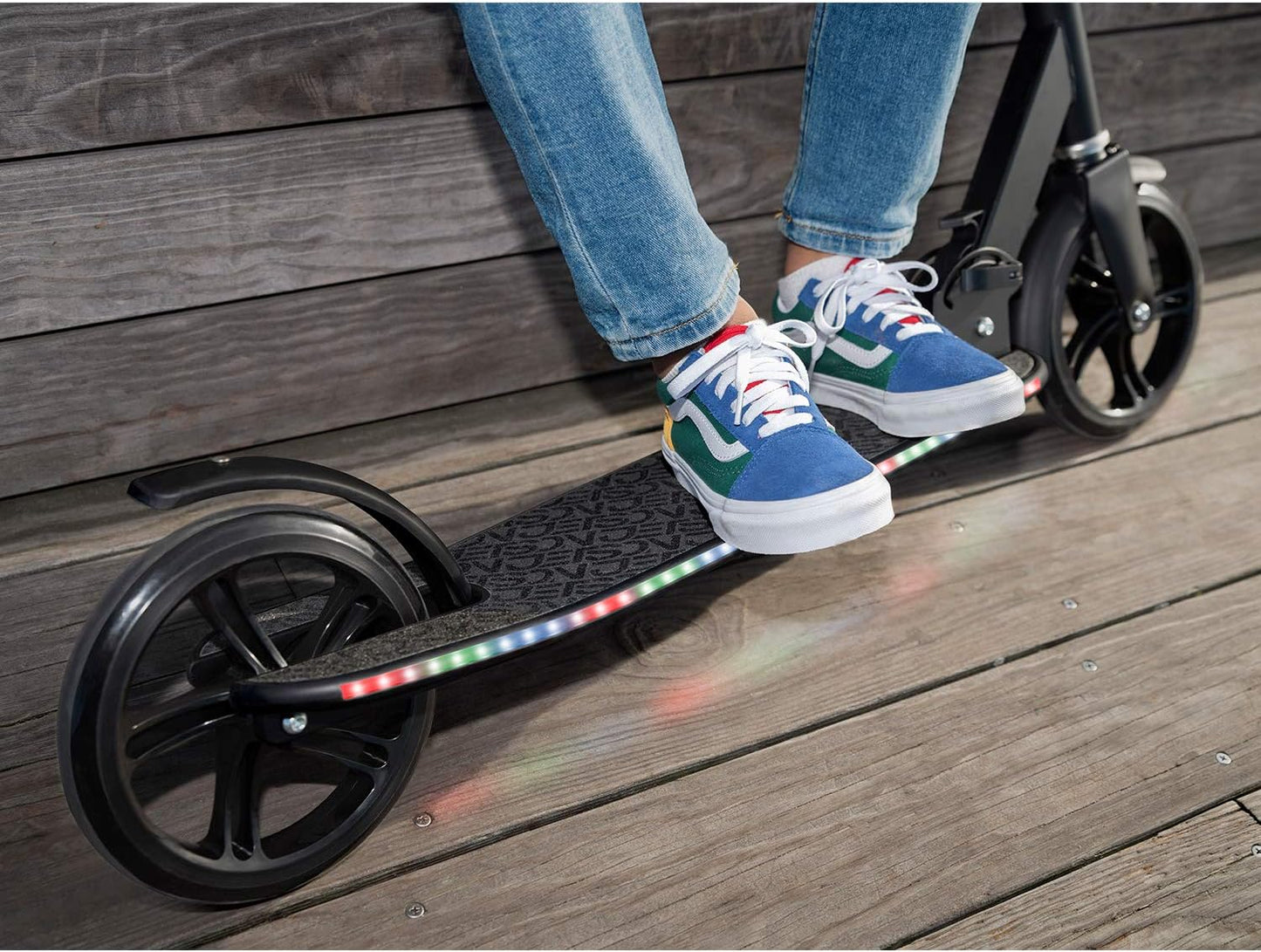 Dluxe Ave. Jetson Scooters - Jupiter Jumbo Kick Scooter (Black) - Collapsible Portable Kids Push Scooter - Lightweight Folding Design with Big Wheels and High Visibility RGB Light Up LEDs on Stem and Deck