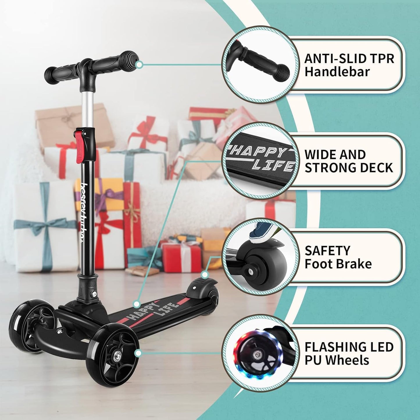 Dluxe Ave. Kids Scooter Kick Scooters for Kids Age 3-8 3 Wheel Scooter for Kids with LED Light Wheels for Boys/Girls (Black)