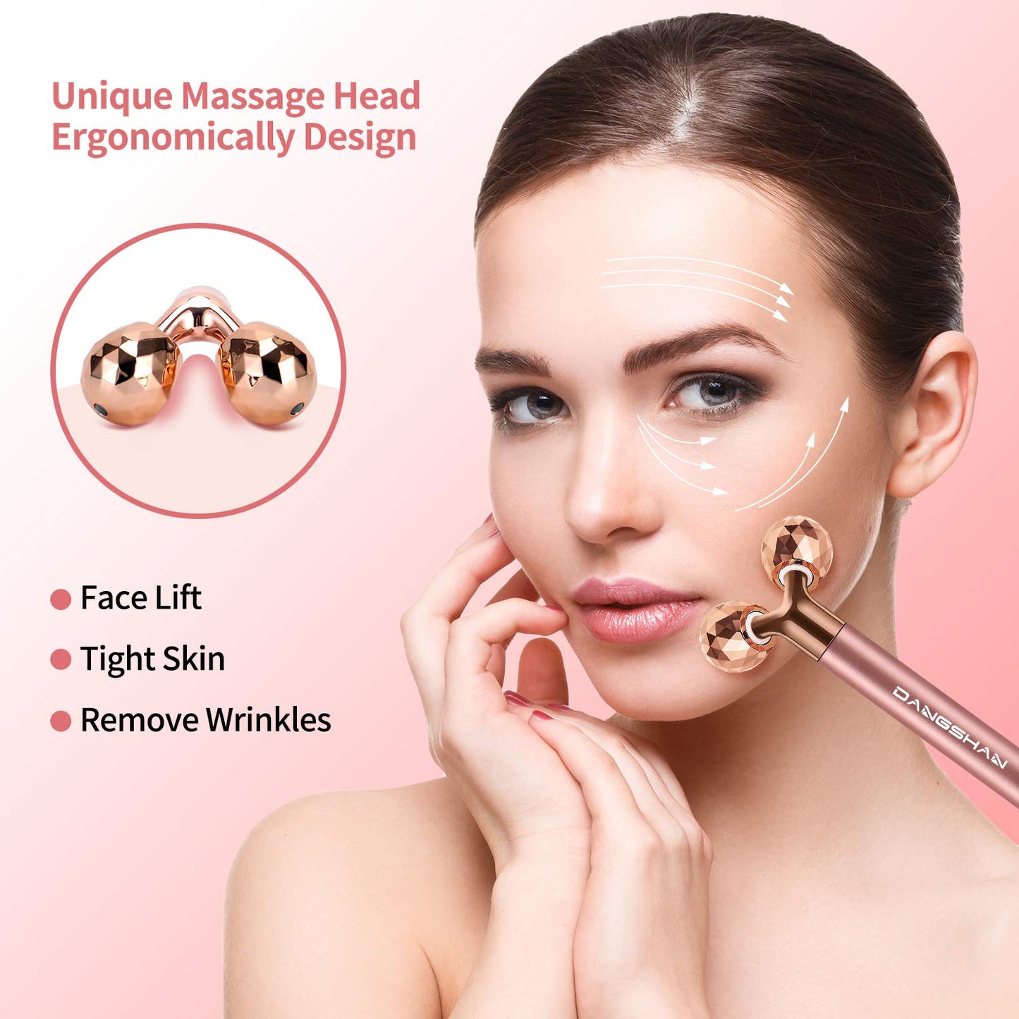 Dluxe Ave. 2-IN-1 Electric Face Massager Roller 24k Rose Gold Face Roller 3D Roller and Unique Crescent Shape Facial Roller Massager Kit Arm Eye Nose Massager Skin Care Tools