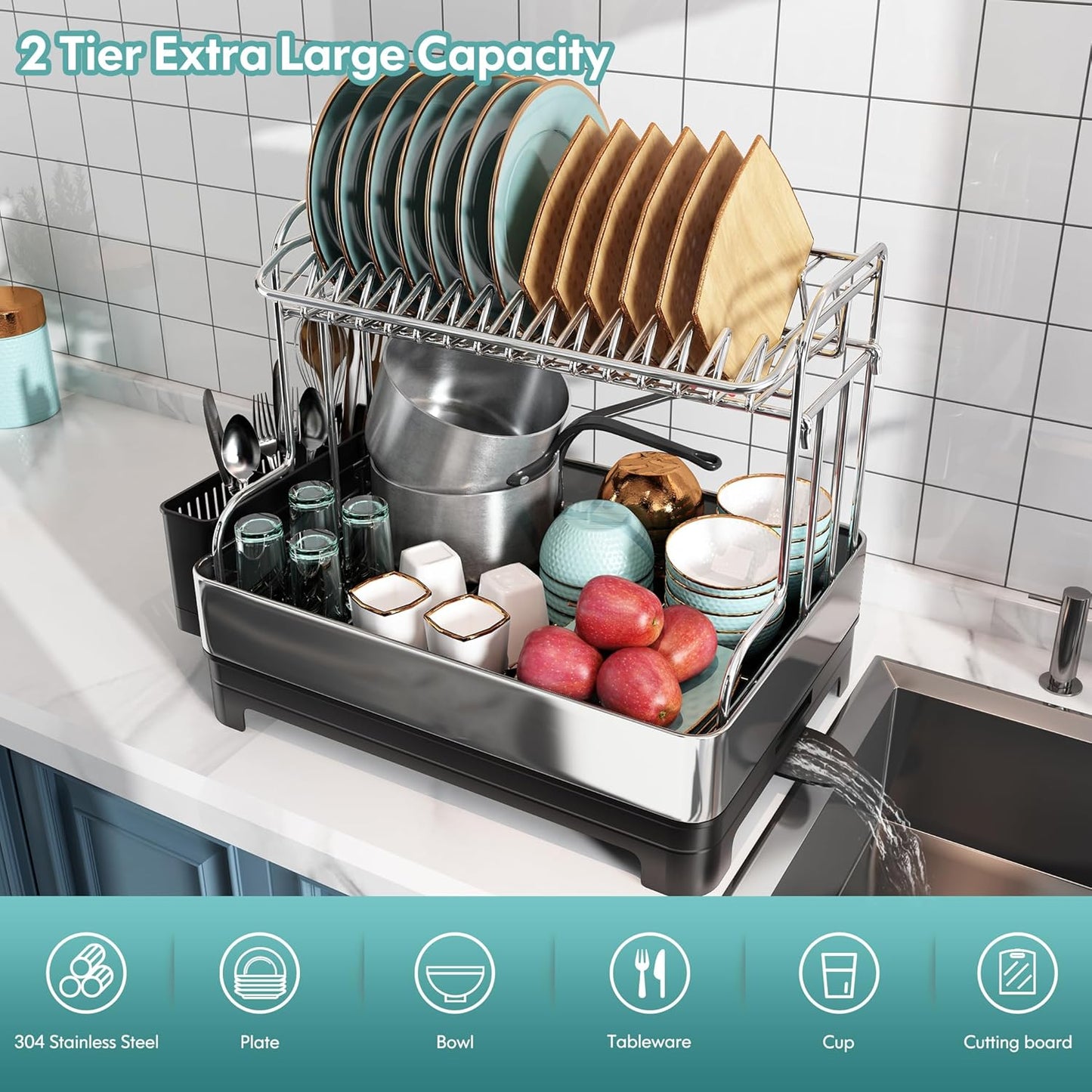 Dluxe Ave. Dish Drying Rack/ Stainless Steel/ 2 Tier Large and Drainboard Set