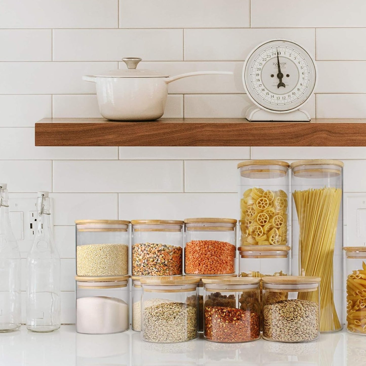 Dluxe Ave. EcoEvo Glass Jars with Bamboo Lids (16oz in 9 Pack) Glass Food Jars and Canisters Sets Glass Food Storage Jars with Airtight Lids Glass Canisters with lids Glass Pantry Jars