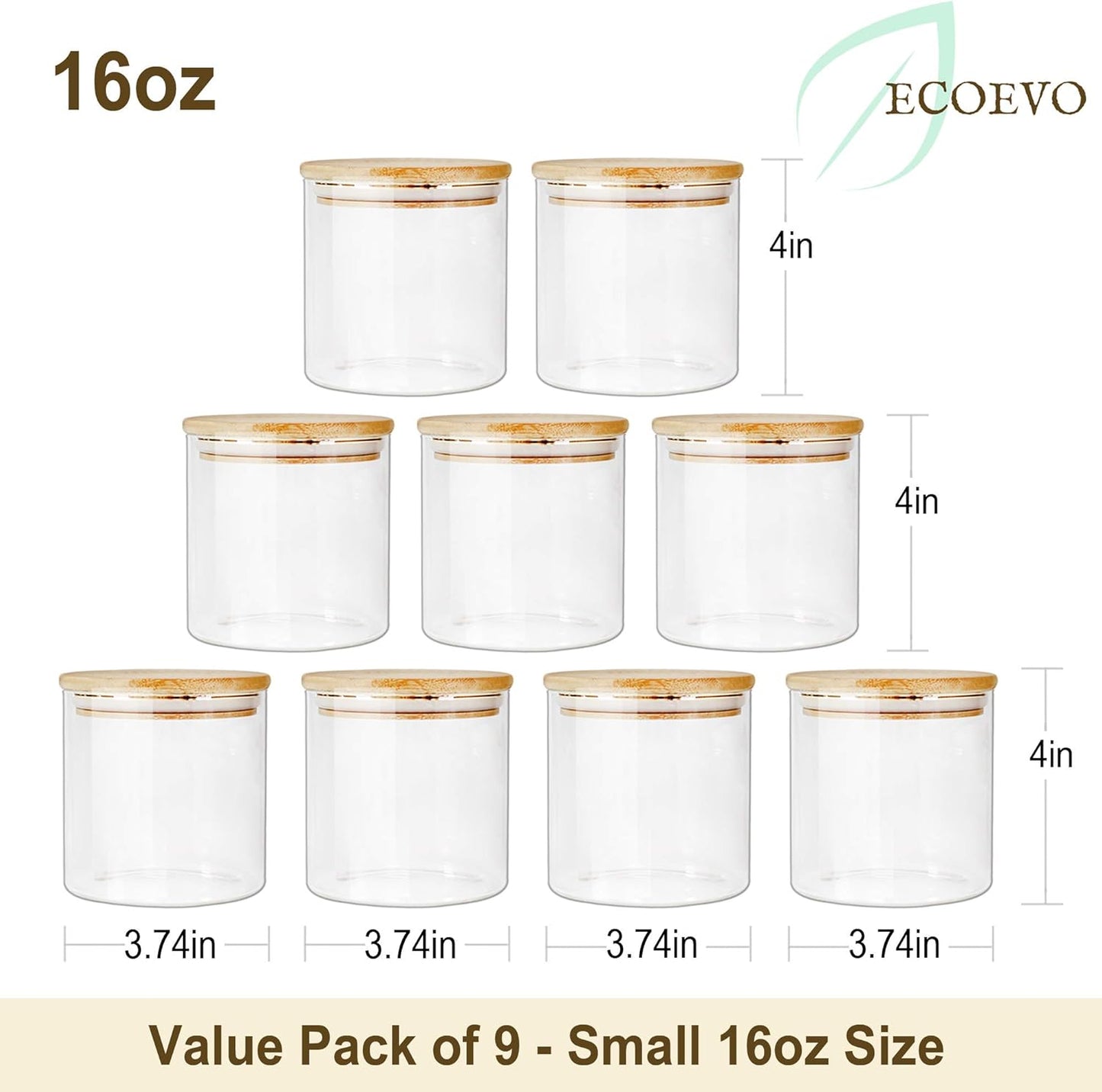 Dluxe Ave. EcoEvo Glass Jars with Bamboo Lids (16oz in 9 Pack) Glass Food Jars and Canisters Sets Glass Food Storage Jars with Airtight Lids Glass Canisters with lids Glass Pantry Jars