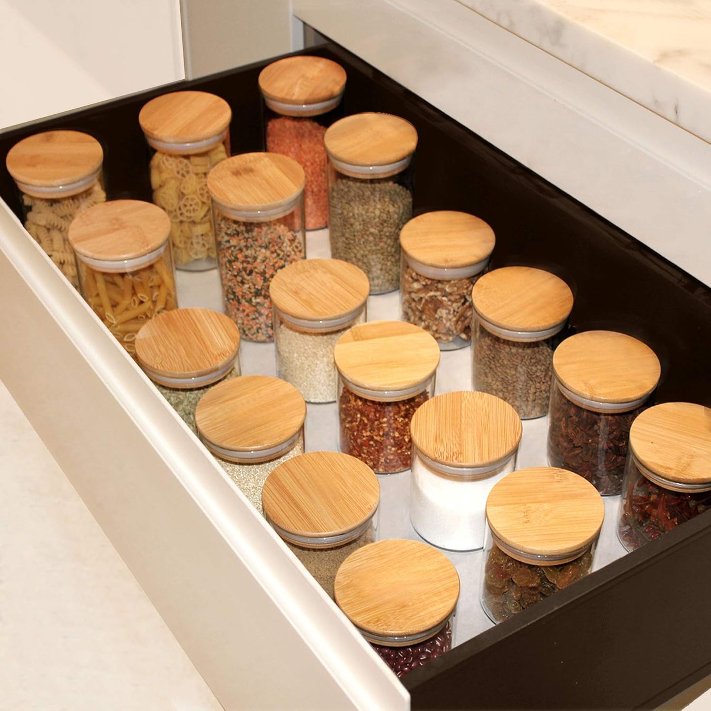 Dluxe Ave. EcoEvo Glass Jars with Bamboo Lids (16oz in 9 Pack) Glass Food Jars and Canisters Sets Glass Food Storage Jars with Airtight Lids Glass Canisters with lids Glass Pantry Jars