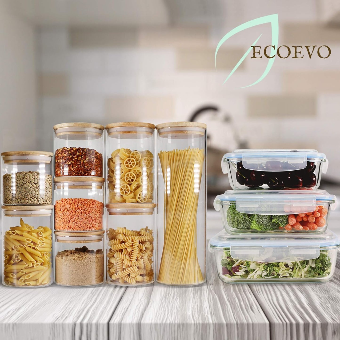 Dluxe Ave. EcoEvo Glass Jars with Bamboo Lids (16oz in 9 Pack) Glass Food Jars and Canisters Sets Glass Food Storage Jars with Airtight Lids Glass Canisters with lids Glass Pantry Jars
