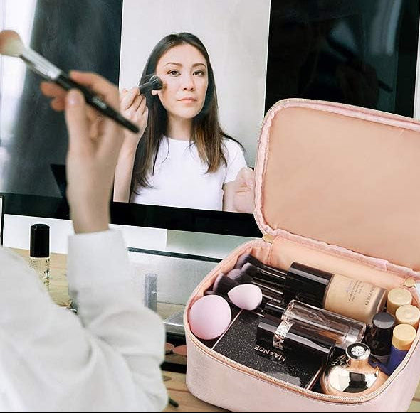 Dluxe Ave. 3 Pcs Large Travel Cosmetic Bag Organizer with Gold Zipper/ Waterproof Toiletry / Rose Gold