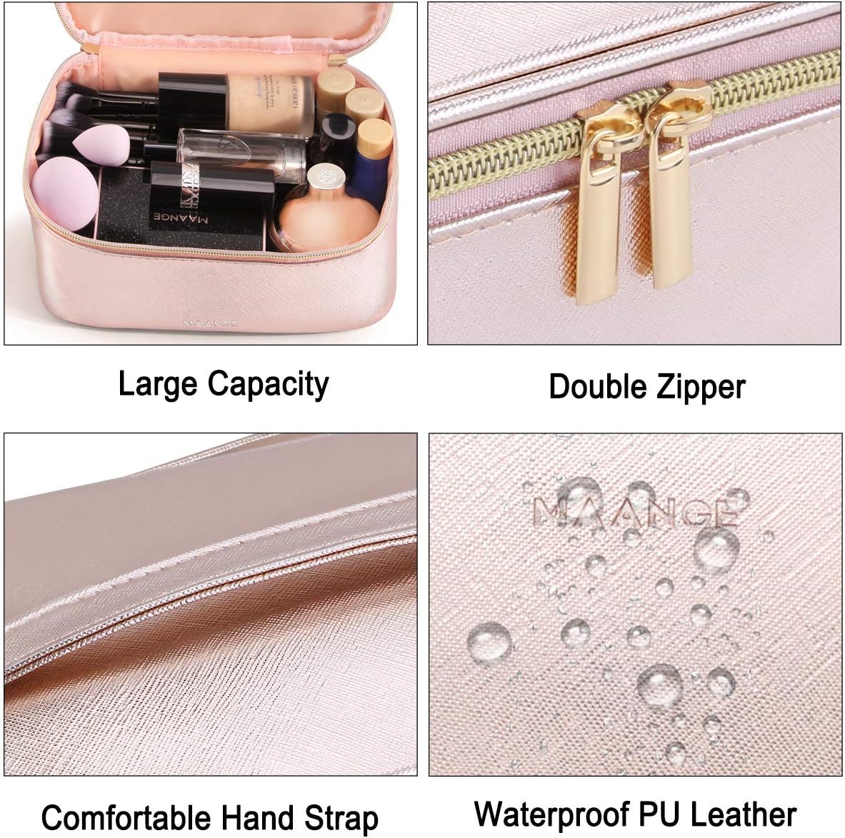 Dluxe Ave. 3 Pcs Large Travel Cosmetic Bag Organizer with Gold Zipper/ Waterproof Toiletry / Rose Gold