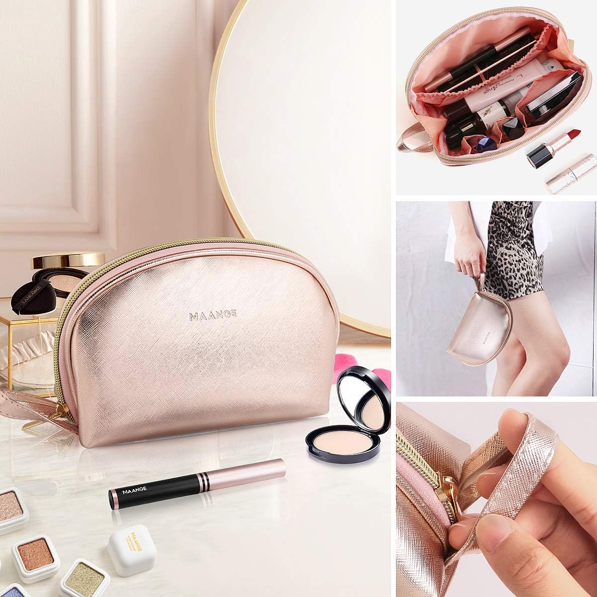 Dluxe Ave. 3 Pcs Large Travel Cosmetic Bag Organizer with Gold Zipper/ Waterproof Toiletry / Rose Gold