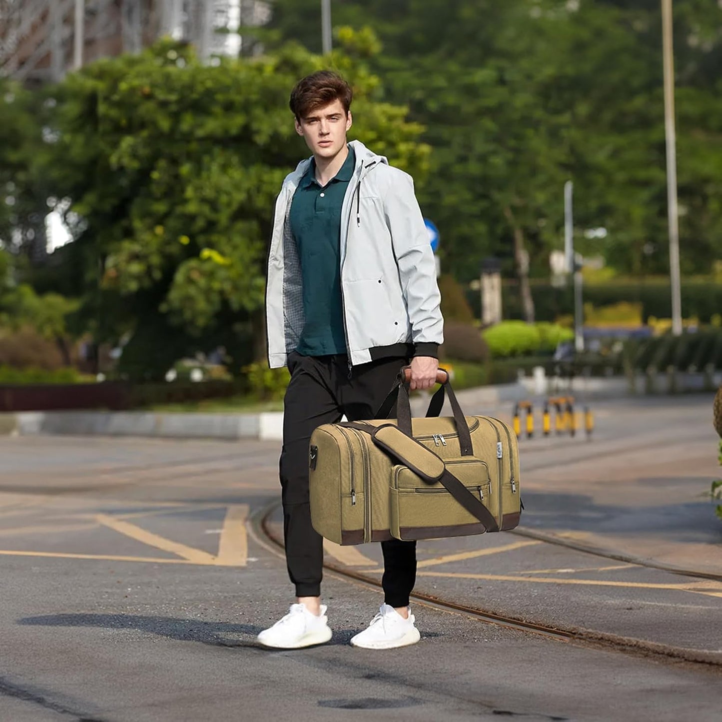 Dluxe Ave. Bag & Carry On Bag with Expandable Design and Luggage Sleeve/ Khaki