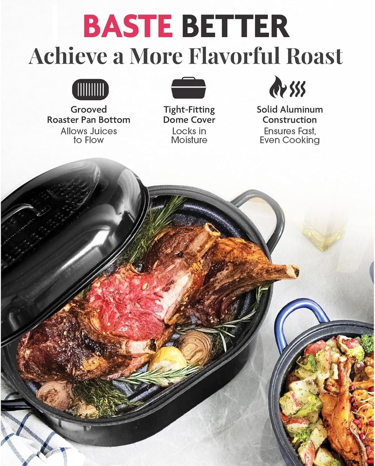 Dluxe Ave. Granite Stone Oval Roaster Pan Small 16” Ultra Nonstick Roasting Pan with Lid