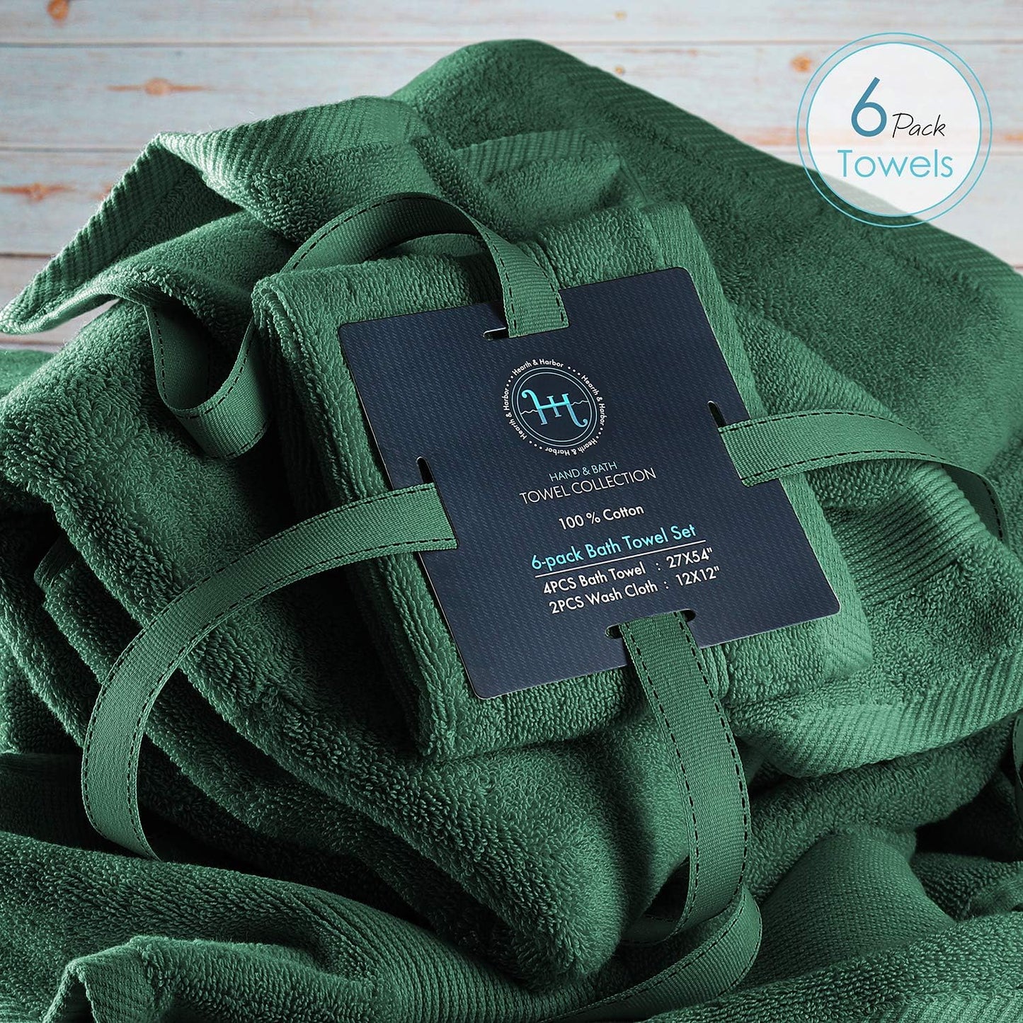 Dluxe Ave. Hearth & Harbor Bath Towels for Bathroom - 100% Ring Spun Cotton Luxury Bathroom Towels - Ultra Soft & Highly Absorbent Bath Towels Set 6 Piece Set (4 Bath Towels 2 Washcloths) - Hunter Green