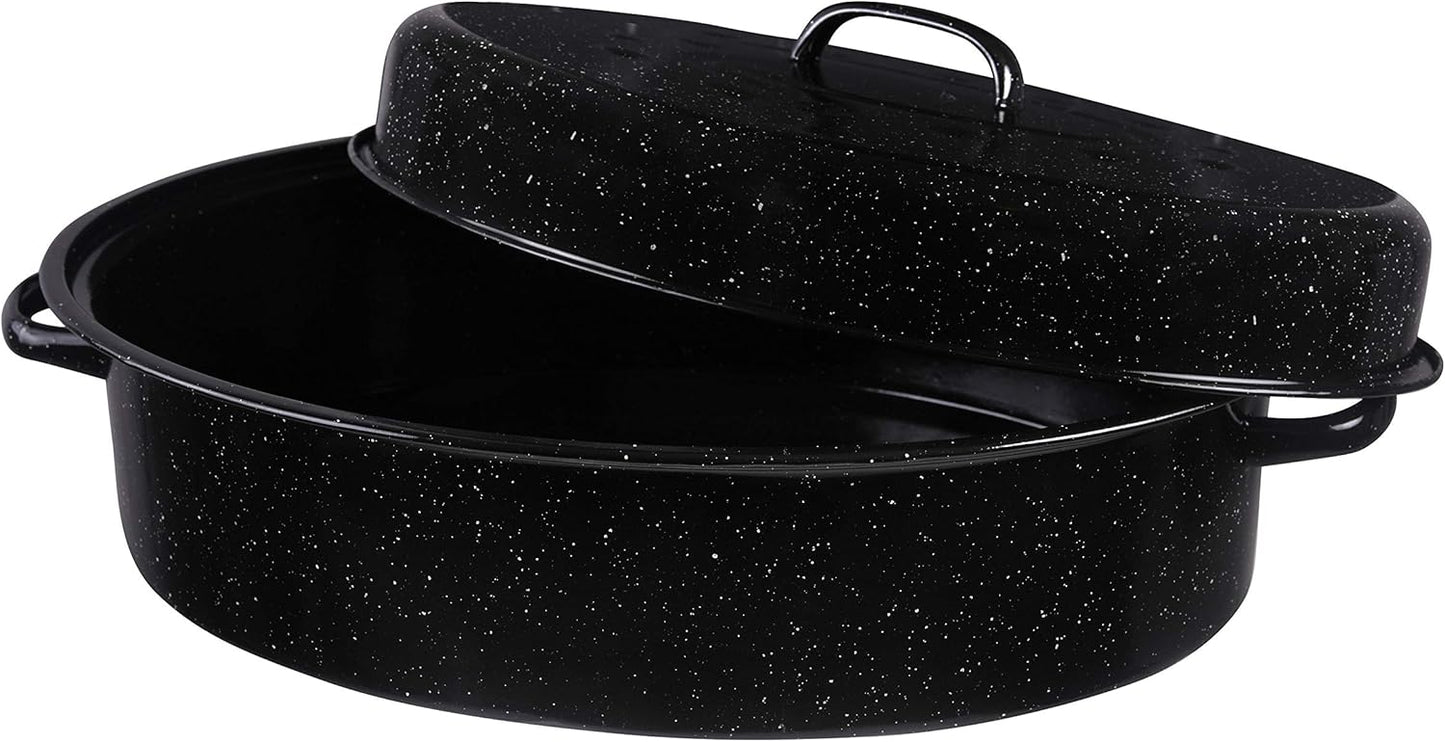Dluxe Ave. 19" Inch 20 lb Capacity Enamel Oval Turkey Roaster Pan + Lid (17.3 Inch Inner)