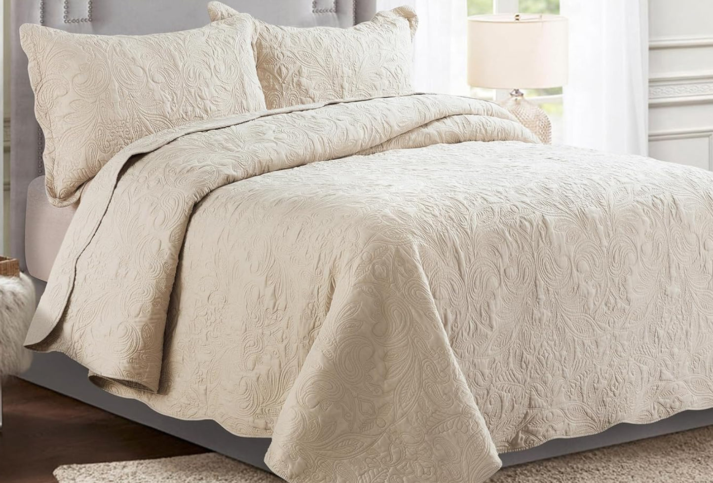 Dluxe Ave. ( KING ) 3 Pcs Quilt Set/ Embroidered Microfiber Bedspread/ Reversible Lightweight Paisley Pattern/ Khaki