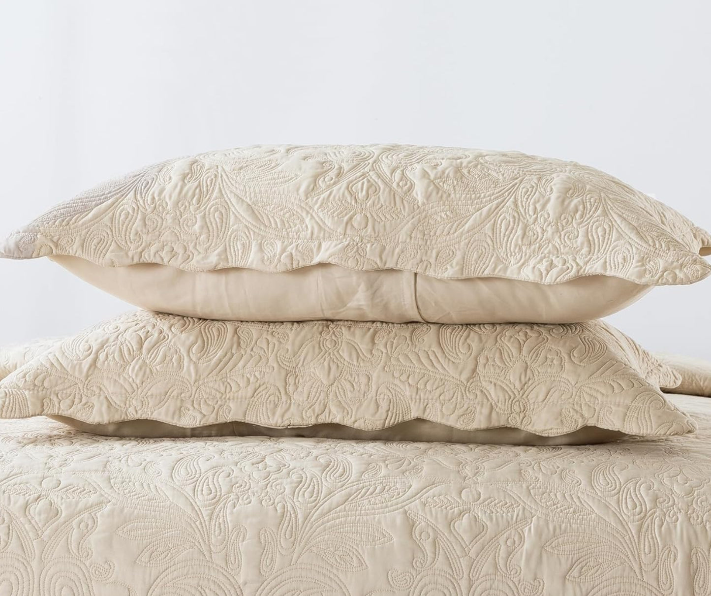 Dluxe Ave. ( KING ) 3 Pcs Quilt Set/ Embroidered Microfiber Bedspread/ Reversible Lightweight Paisley Pattern/ Khaki