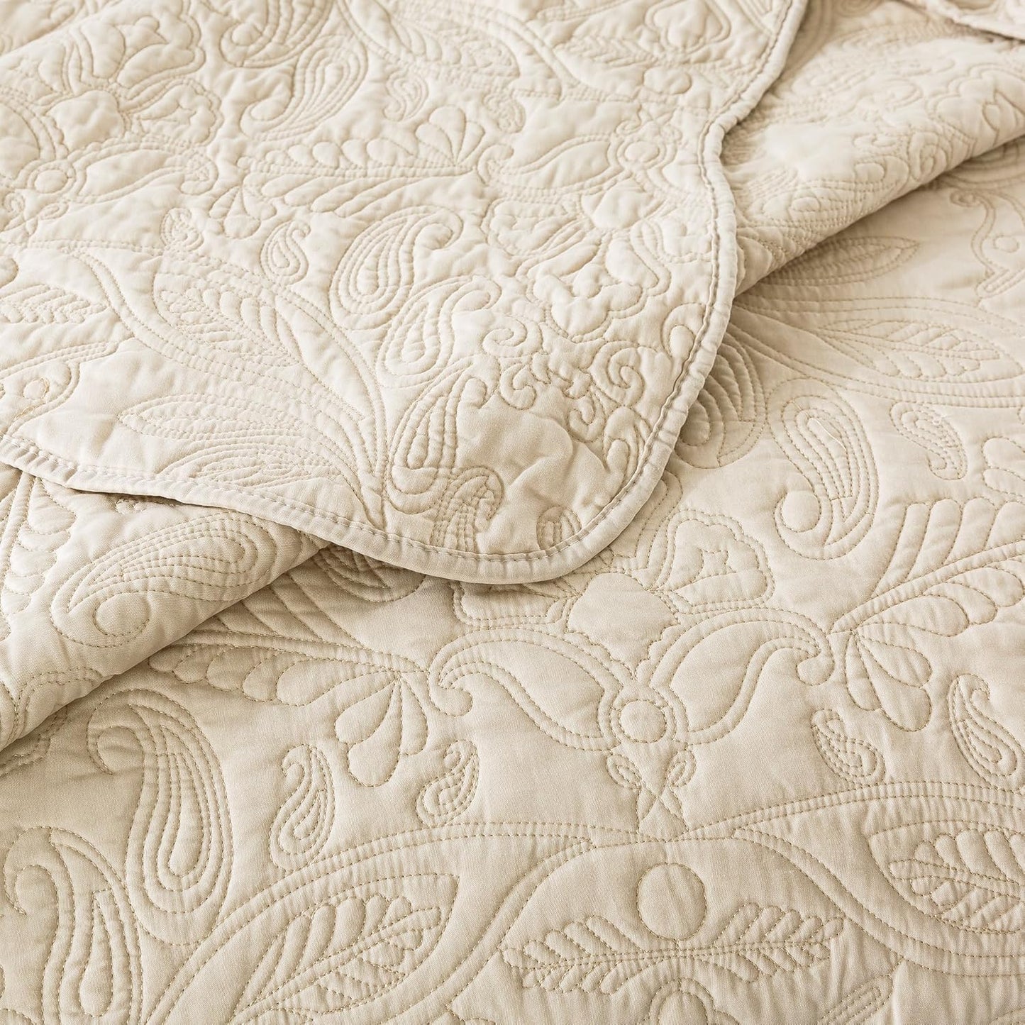 Dluxe Ave. ( KING ) 3 Pcs Quilt Set/ Embroidered Microfiber Bedspread/ Reversible Lightweight Paisley Pattern/ Khaki