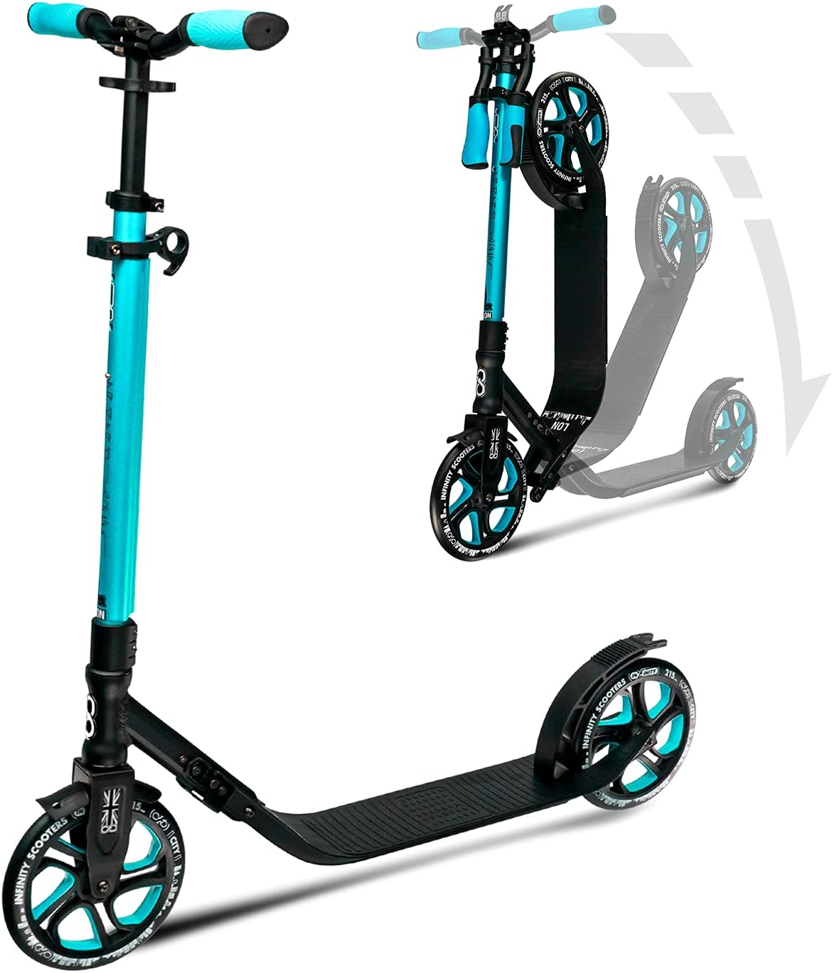 Dluxe Ave. Crazy Skates Foldable Kick Scooter - Kick Scooters for Adults Teens and Kids with Carrying Strap - Fast Folding Adjustable Handlebars and Lightweight - London Scooter (LON) - Teal
