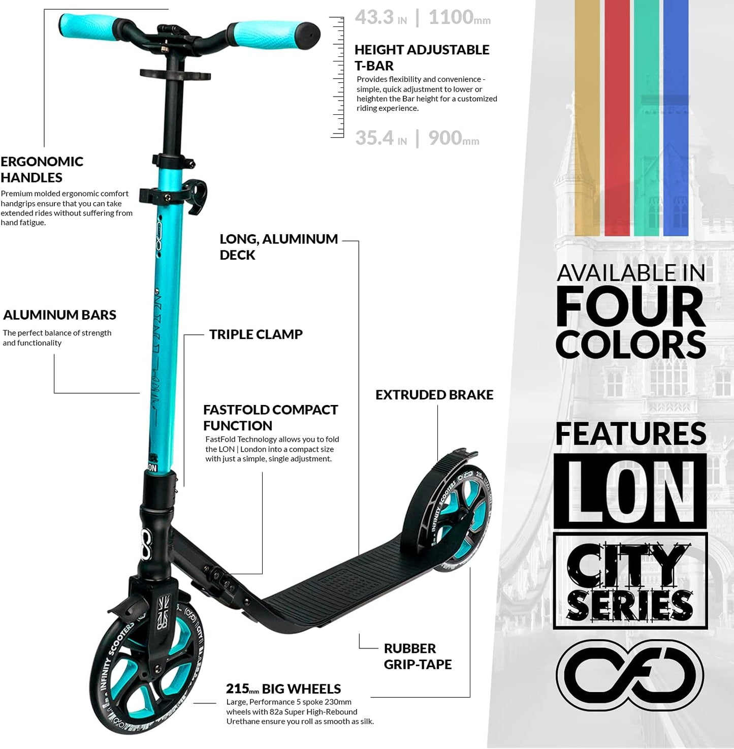 Dluxe Ave. Crazy Skates Foldable Kick Scooter - Kick Scooters for Adults Teens and Kids with Carrying Strap - Fast Folding Adjustable Handlebars and Lightweight - London Scooter (LON) - Teal