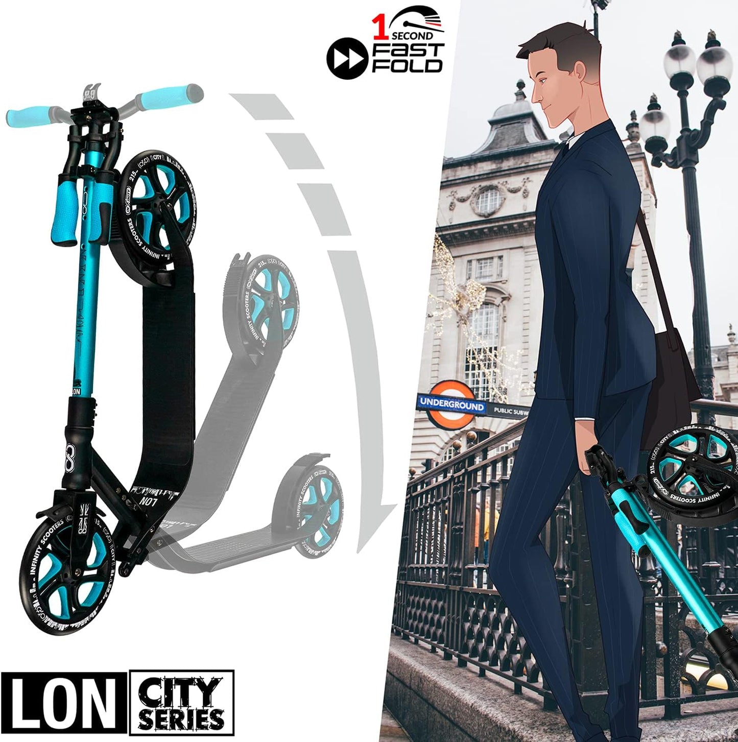 Dluxe Ave. Crazy Skates Foldable Kick Scooter - Kick Scooters for Adults Teens and Kids with Carrying Strap - Fast Folding Adjustable Handlebars and Lightweight - London Scooter (LON) - Teal