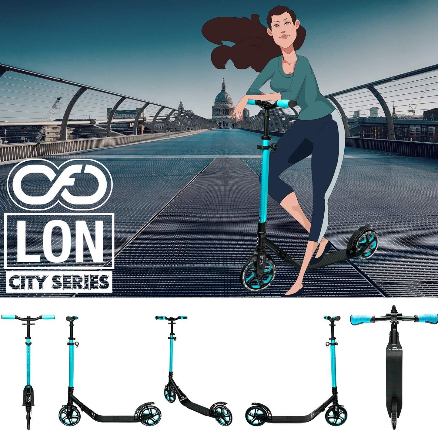 Dluxe Ave. Crazy Skates Foldable Kick Scooter - Kick Scooters for Adults Teens and Kids with Carrying Strap - Fast Folding Adjustable Handlebars and Lightweight - London Scooter (LON) - Teal