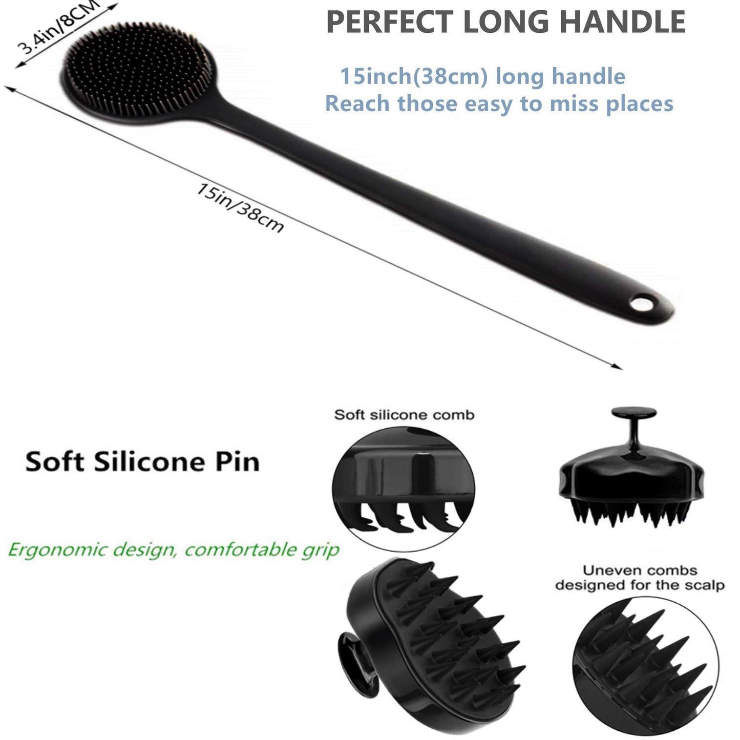 Dluxe Ave. Cinlitek Silicone Body Scrubber & Scalp Massager Long Handle Back Scrubber for Shower BrushExfoliating Body Scrubber Shower Scrubber for Body Brush Hair Dandruff Shampoo Brush for MenWomen&Kids