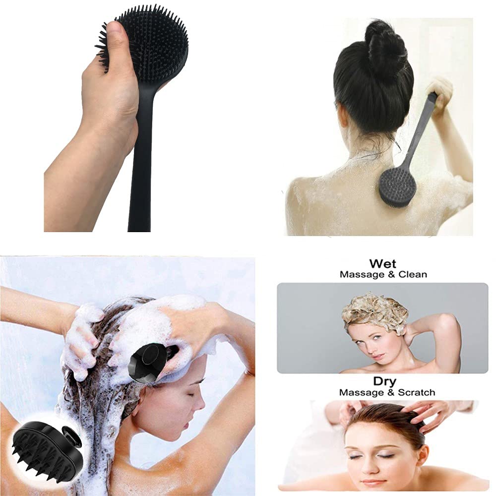 Dluxe Ave. Cinlitek Silicone Body Scrubber & Scalp Massager Long Handle Back Scrubber for Shower BrushExfoliating Body Scrubber Shower Scrubber for Body Brush Hair Dandruff Shampoo Brush for MenWomen&Kids